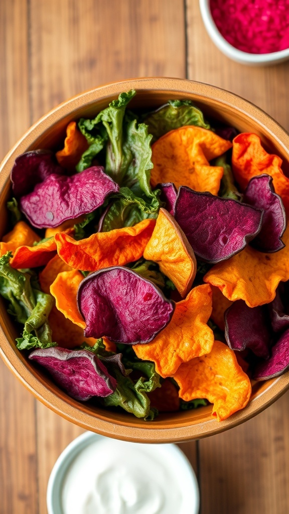 A bowl of homemade vegetable chips made from kale, sweet potatoes, and beets on a wooden table with a dip.